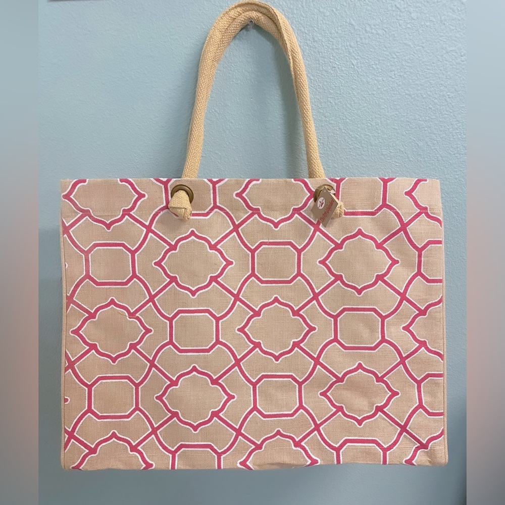 Pink and Natural Trellis Jute Tote